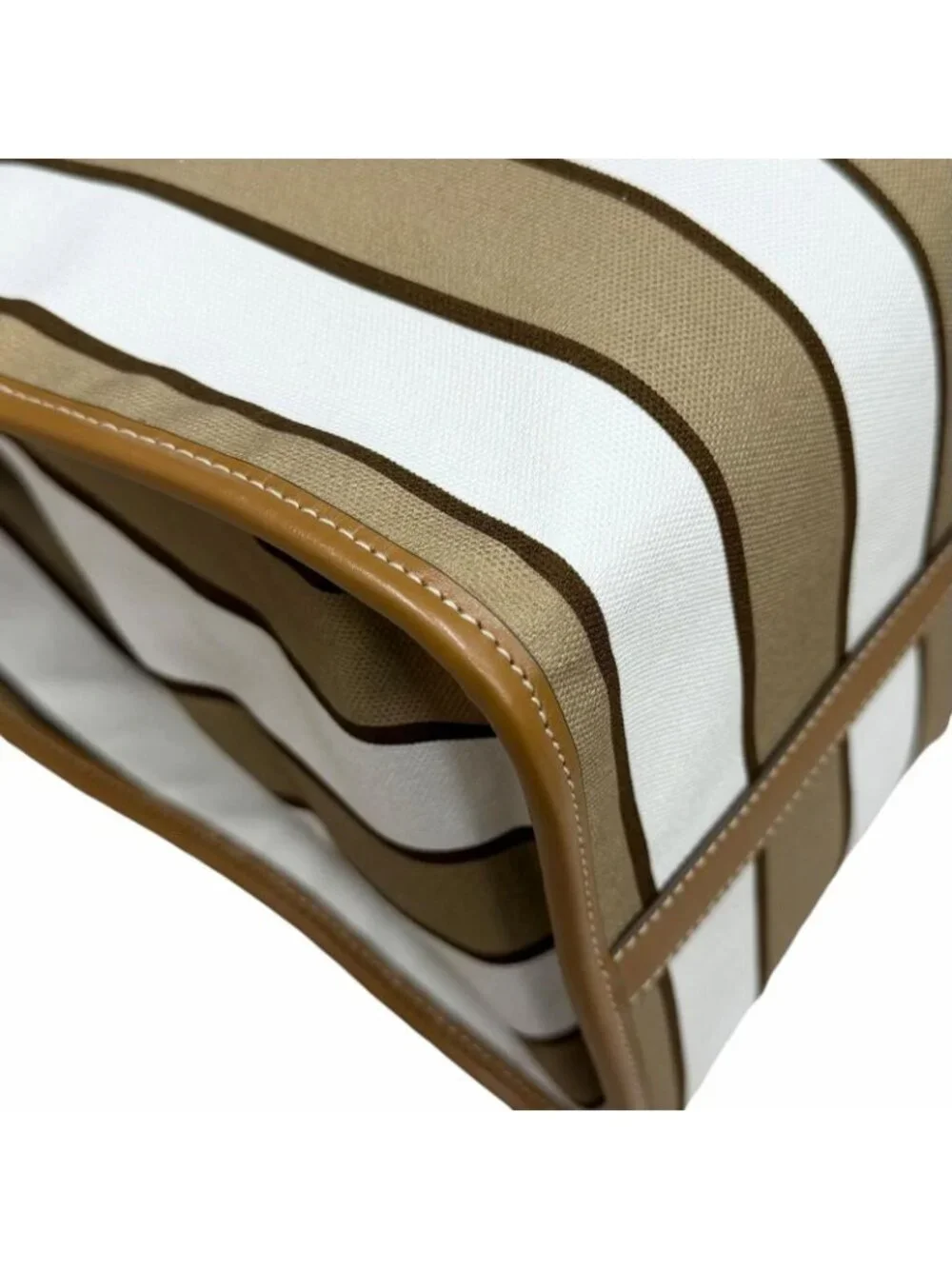 Prada Triangle Logo Stripe Leather Canvas Tote Brown White - Picture 6 of 14